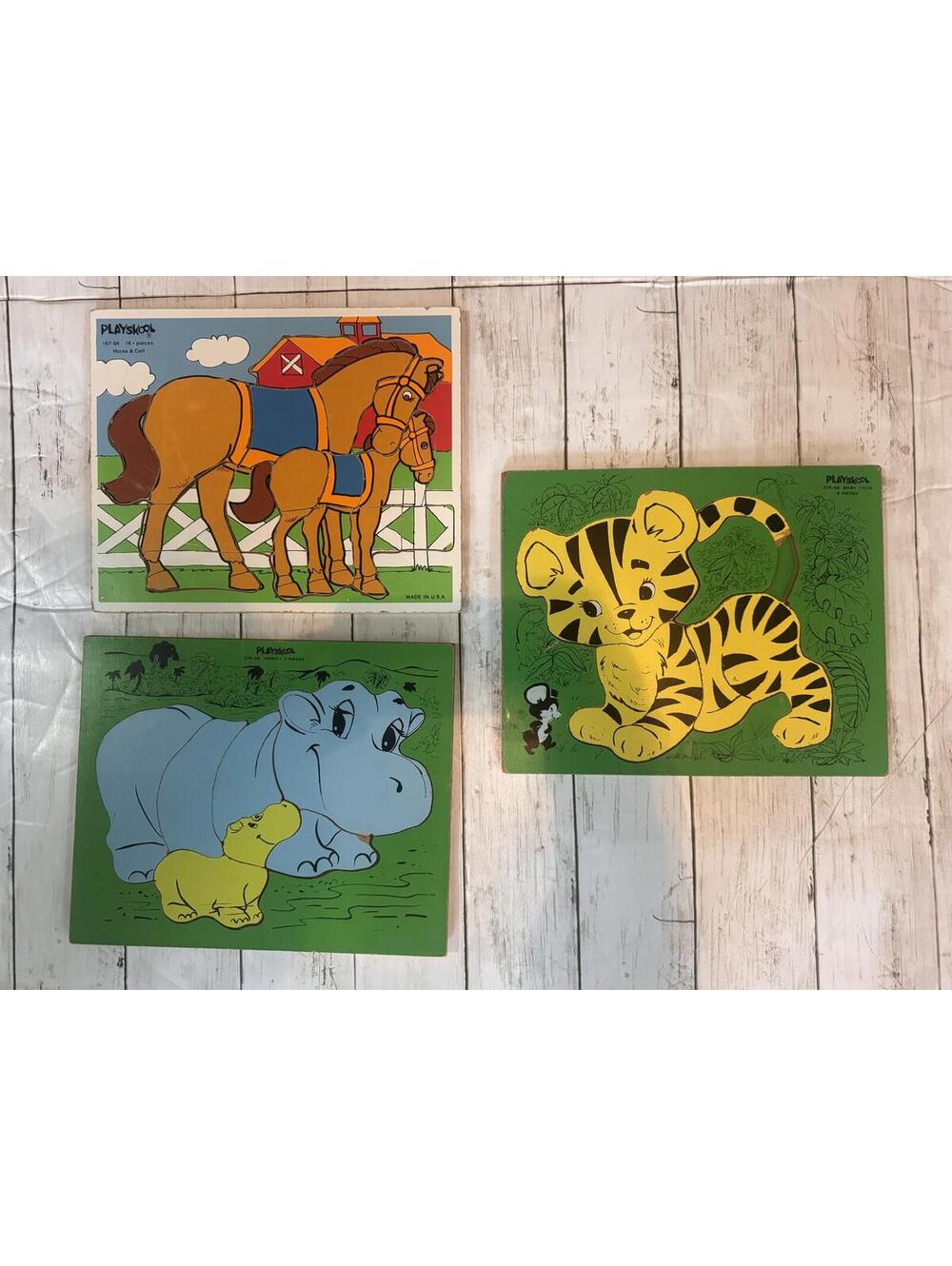 Vintage Playskool Wooden Puzzles Lot Horse Colt Tiger Hippo